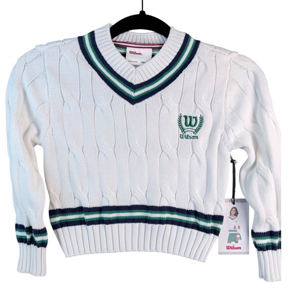 Wilson Other - Wilson Kids White V-Neck Cable Knit Sweater Navy Green Stripe Logo XS 4/5 NWT